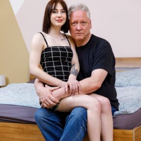 This grandpa fucks hot shaved small tits 18 year old teen Sandy Morrison hard in his bed